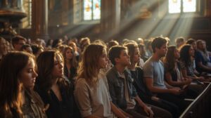 youth in a big church meeting youth in a meeting